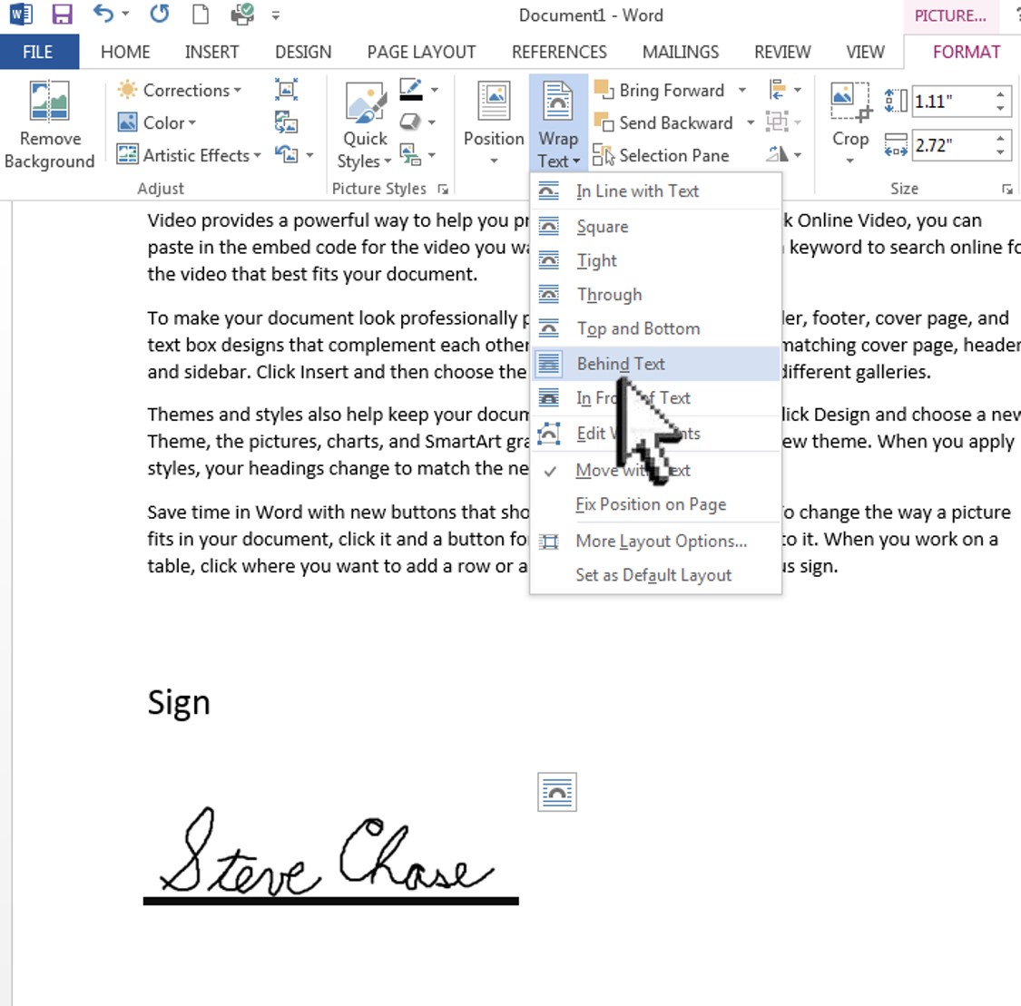 how to insert signature in word 2017